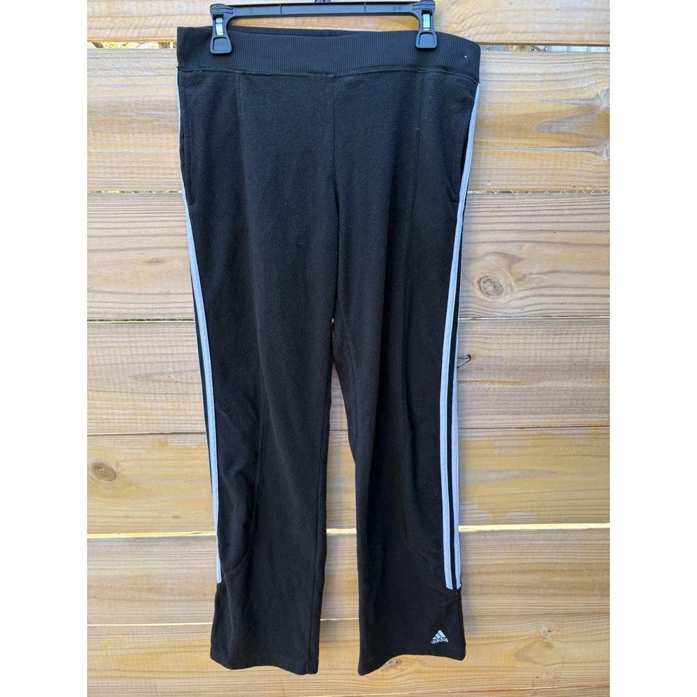 Adidas Fleece Track Pants Black Blue Stripe Straight Leg Mens Small 28x29